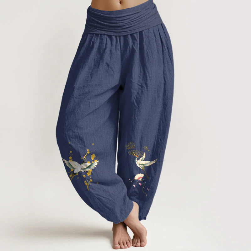 Buddha Stones Crane Auspicious Clouds Flower Pattern Pure Cotton Women's Elastic Waist Harem Pants