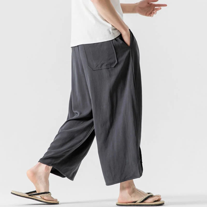 Buddha Stones Summer Plain Drawstring Design Linen Cotton Men's 7-8 Length Pants With Pockets