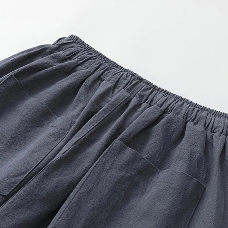 Buddha Stones Summer 2Pcs Plain Short Sleeve T-Shirt 7-8 Length Pants Cotton Linen Tang Suit Men's Meditation Cloth Set With Pockets