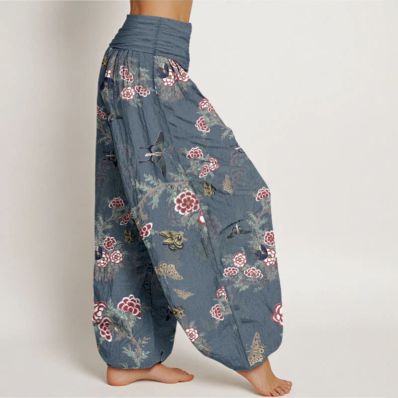 Buddha Stones Cotton Flowers Leaves Butterfly Pattern Women's Elastic Waist Harem Pants