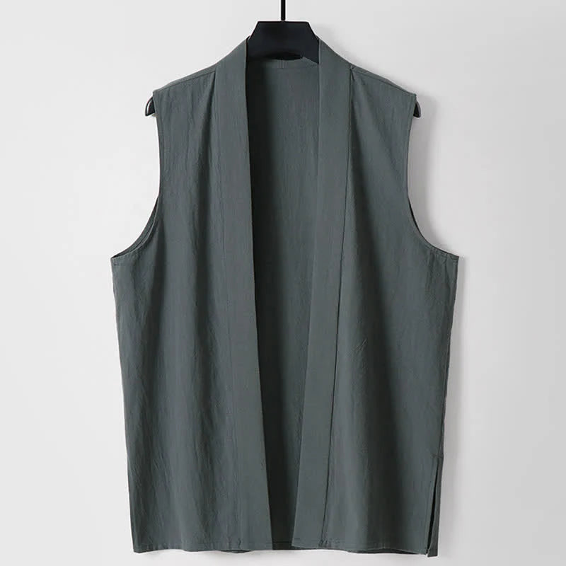 Buddha Stones Spring Pure Color Open Front Design Men's Cotton Linen Sleeveless Kimono