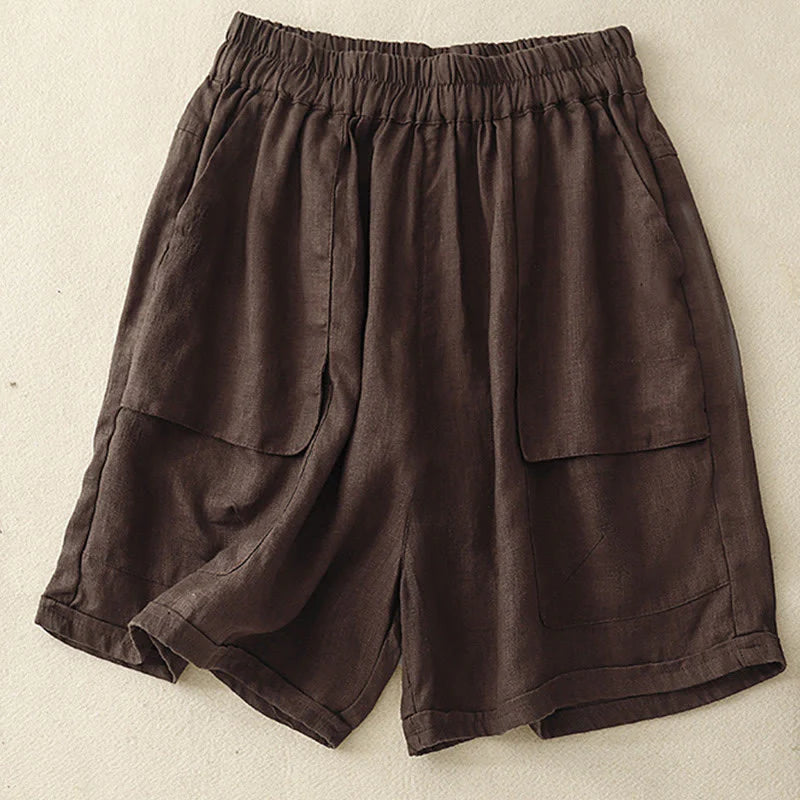 Buddha Stones Summer Casual Plain Cotton Linen Women's Elasti Straight Shorts With Pockets