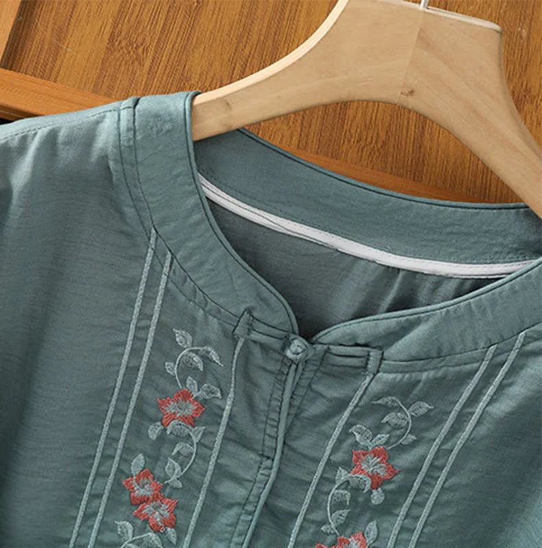 Buddha Stones Casual Embroidery Frog-Button Cotton Polyester Half Sleeve Women's Stand Collar Shirt