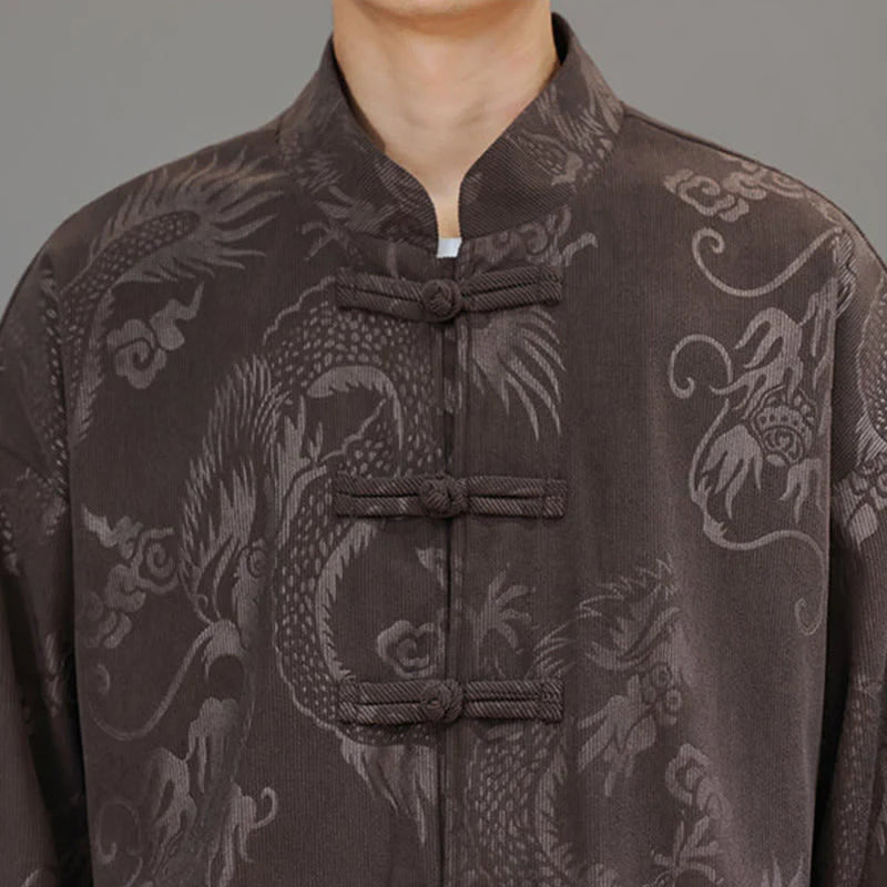 Buddha Stones 2Pcs Fall Winter Men's Tang Suit Dragon Frog-Button Cotton Corduroy Long Sleeve Jacket Pants Set With Pockets