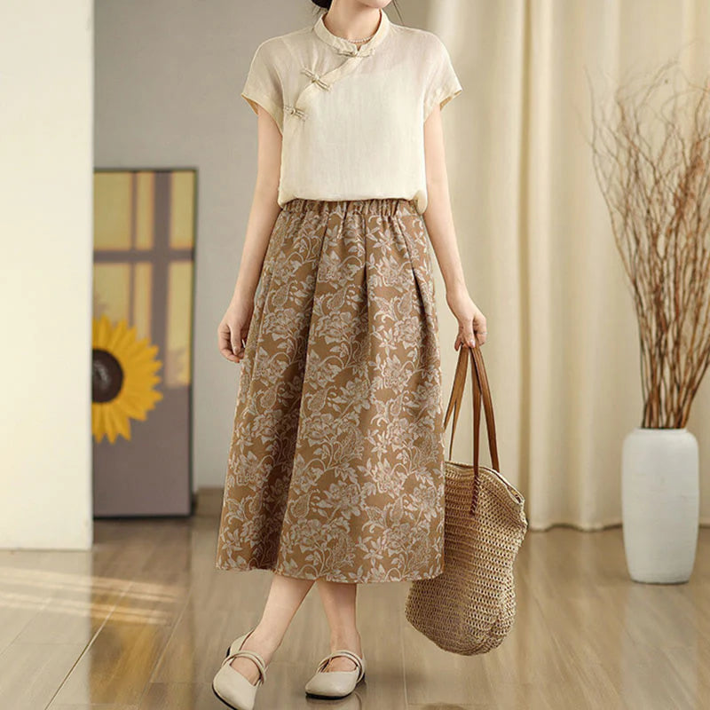 Buddha Stones Printing Flower Paisley Pattern A-line Elastic Waist Cotton Women's Skirt With Pockets