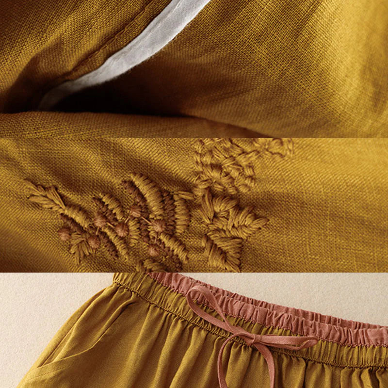 Buddha Stones Vintage Solid Embroidery Drawstring Women's Skirt With Pockets