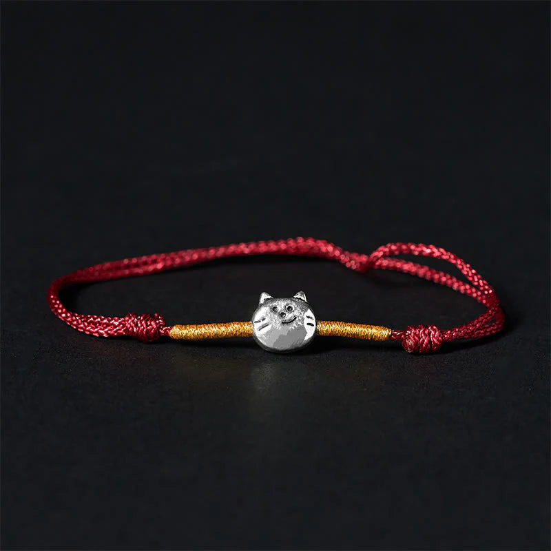 Buddha Stones 925 Sterling Silver Cute Cat Red String Braided Bracelet