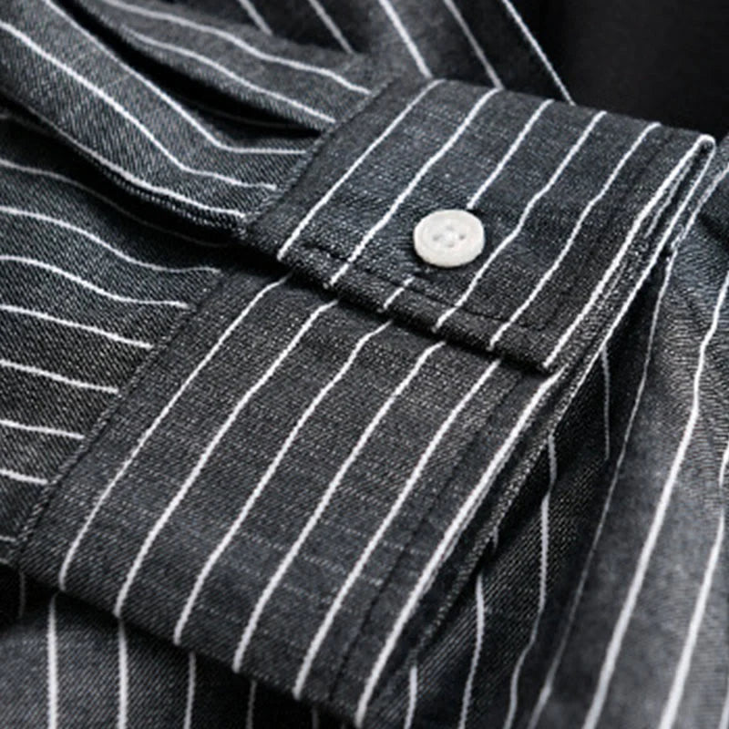 Buddha Stones Fall 2 In 1 Stripes Stand Collar Long Sleeve Men's Cotton Shirt