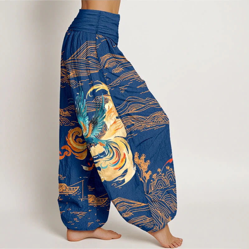 Buddha Stones Phoenix Mountains Landscape Pattern Women's Elastic Waist Harem Pure Cotton Pants