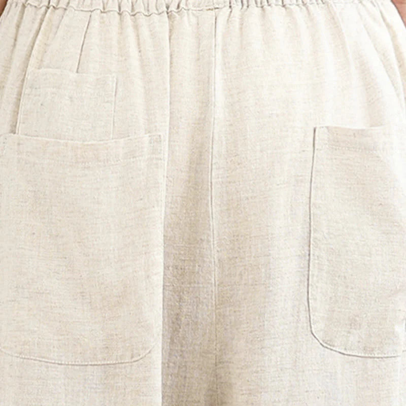 Buddha Stones Women's Fall Plain Color Drawstring Cotton Linen 7-8 Length Pants With Pockets