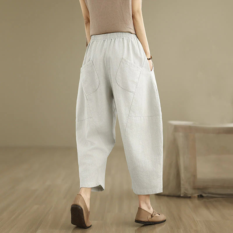 Buddha Stones Spring 7-8 Length Solid Color Women's Cotton Linen Harem Pants With Pockets
