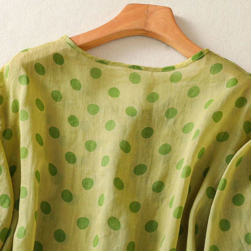 Buddha Stones Fall Round Neck Polka Dots Long Sleeve Women's Polyester Shirt