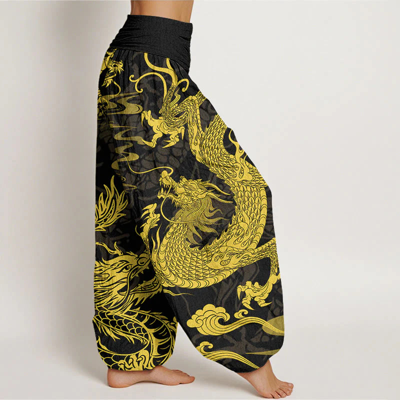 Buddha Stones Cotton Dragon Auspicious Clouds Women's Elastic Waist Harem Pants