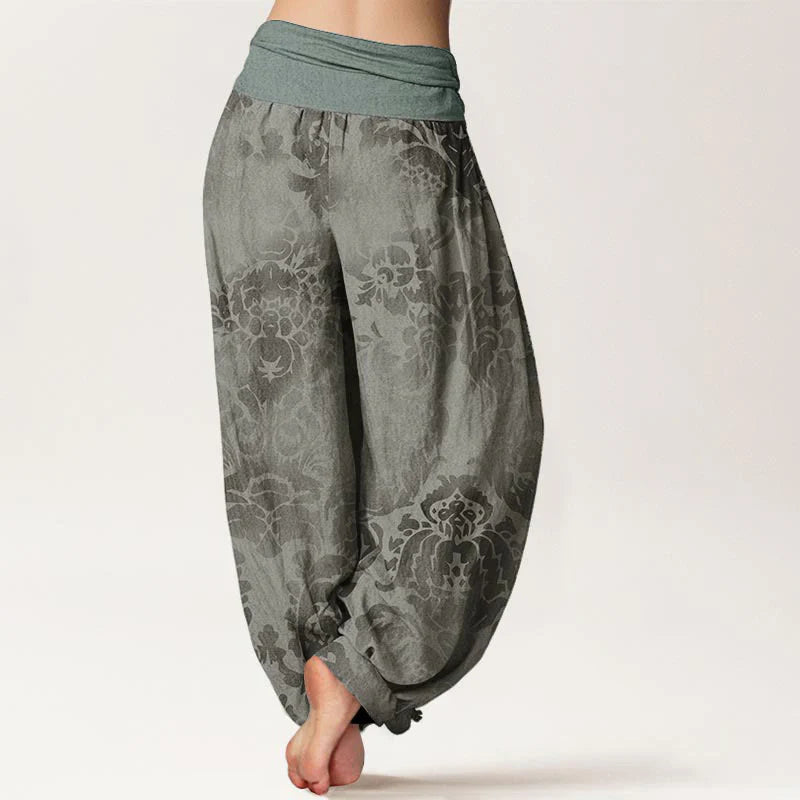 Buddha Stones Cotton Casual Flower Leaves Design Women's Elastic Waist Harem Pants