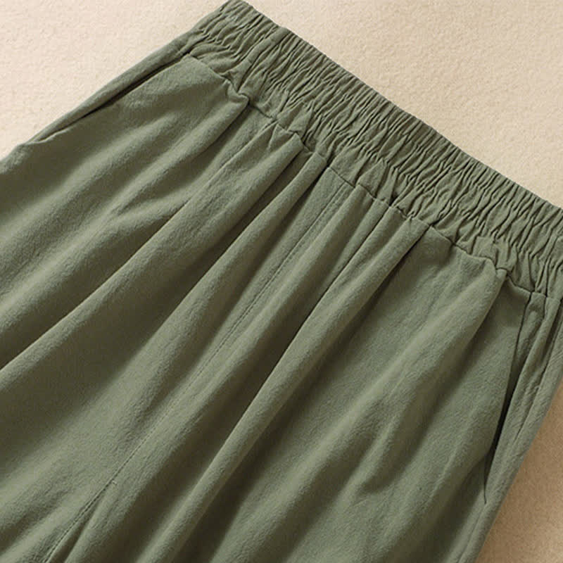 Buddha Stones High Waist Capri Cropped Women's Wide Leg Cotton Pants With Pockets