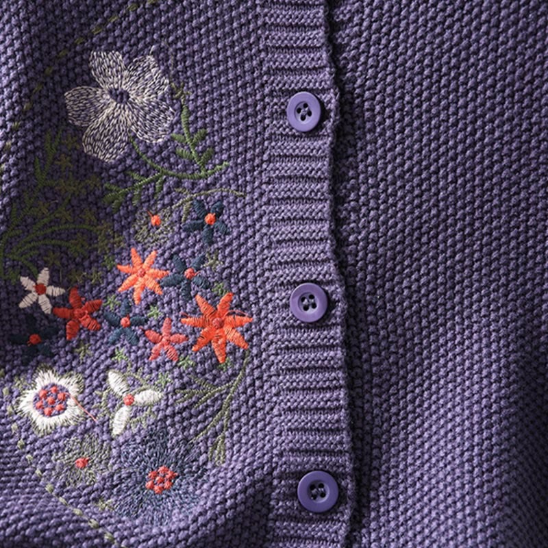 Buddha Stones Floral Embroidery Buttons Cotton Women's Long Sleeve Knitted Cardigan Sweater