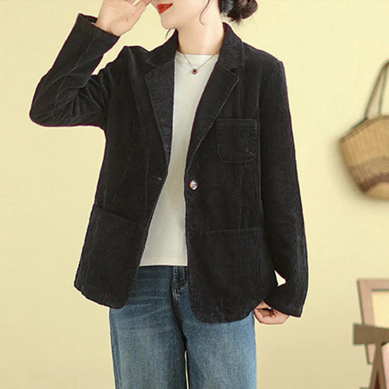 Buddha Stones Retro Plain Women's Long Sleeve Corduroy Jacket With Pockets