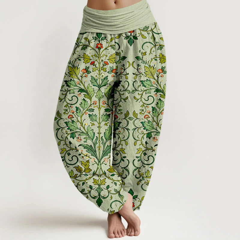 Buddha Stones Pure Cotton Classical Symmetrical Plant Leaf Pattern Women's Elastic Waist Harem Pants