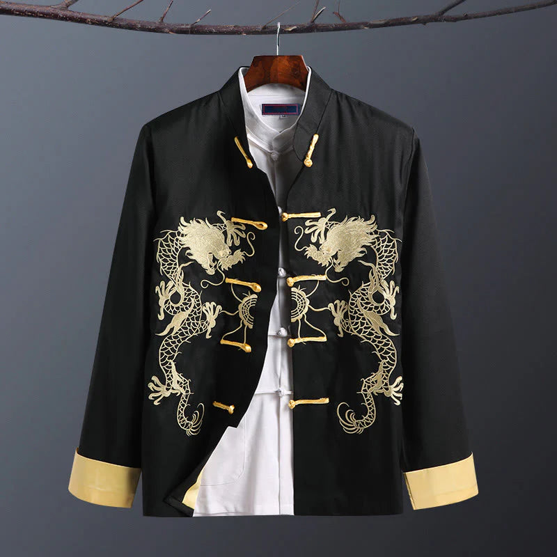 Buddha Stones Spring Fall Dragon Embroidery Frog-Button Long Sleeve Men's Jacket