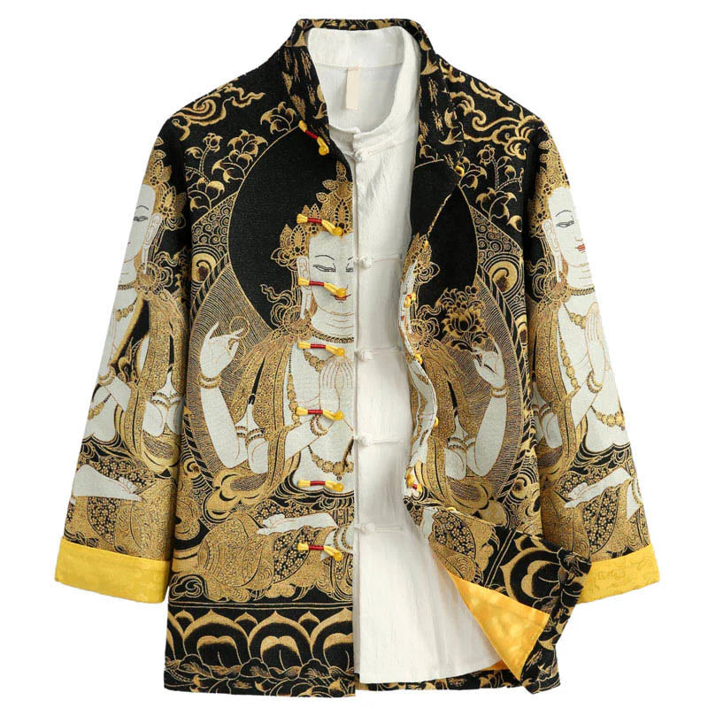 Buddha Stones Avalokitesvara Guanyin Frog-Button Long Sleeve Men's Jacket
