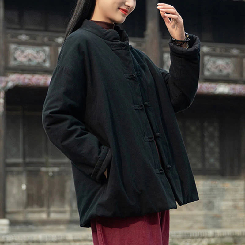 Buddha Stones Winter Solid Frog-Button Long Sleeve Cotton Women's Thermal Jacket With Pockets