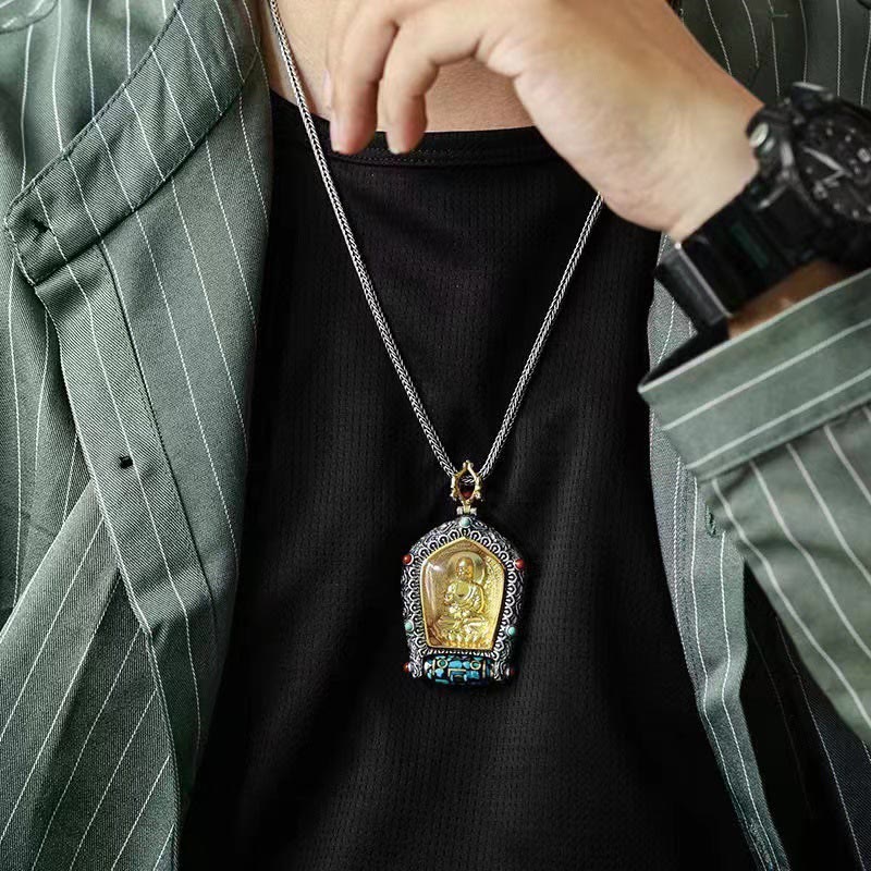 Buddha Stones Tibet Chinese Zodiac Natal Buddha Thangka Prosperity Rotatable Dzi Bead Necklace Pendant
