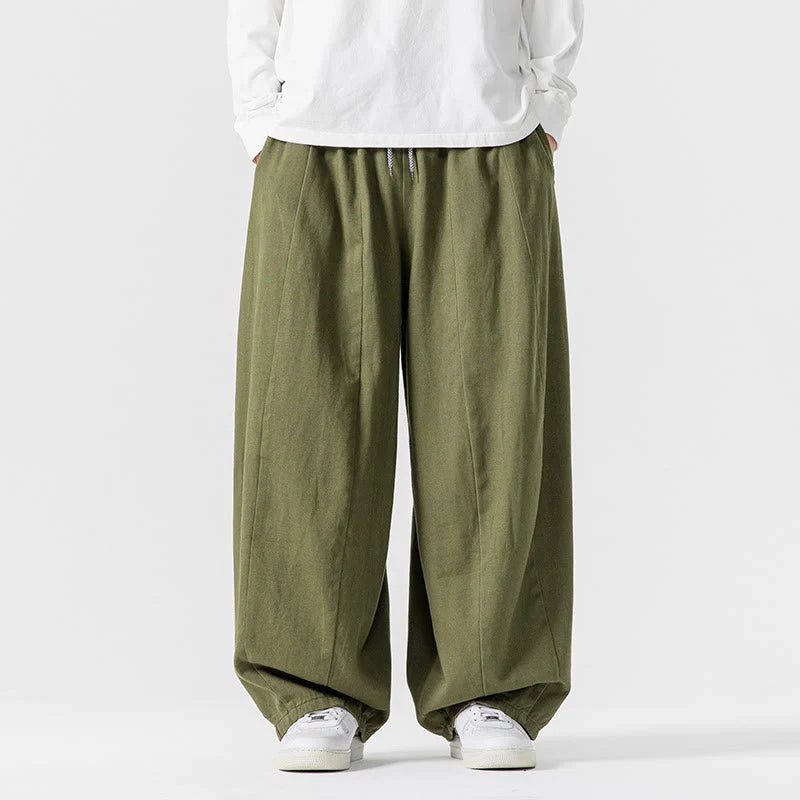Buddha Stones Fall Solid Color Cotton Elastic Waist Men's Harem Pants With Pockets