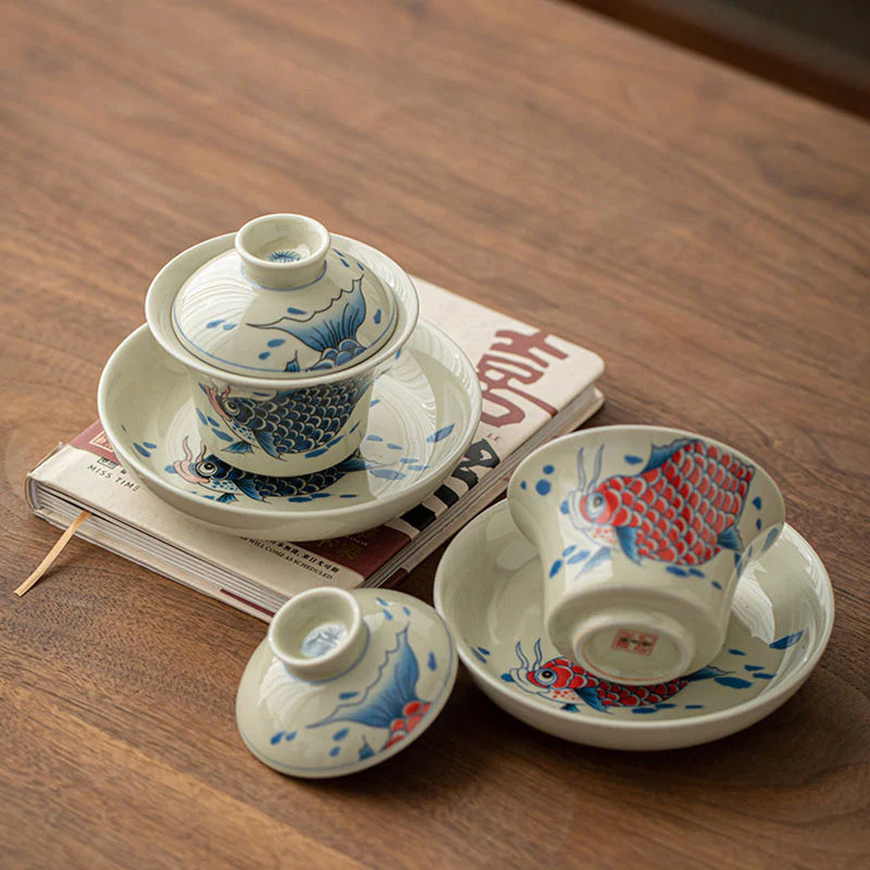 Buddha Stones Koi Fish Arowana Ceramic Gaiwan Sancai Teacup Kung Fu Tea Cup With Lid 130ml