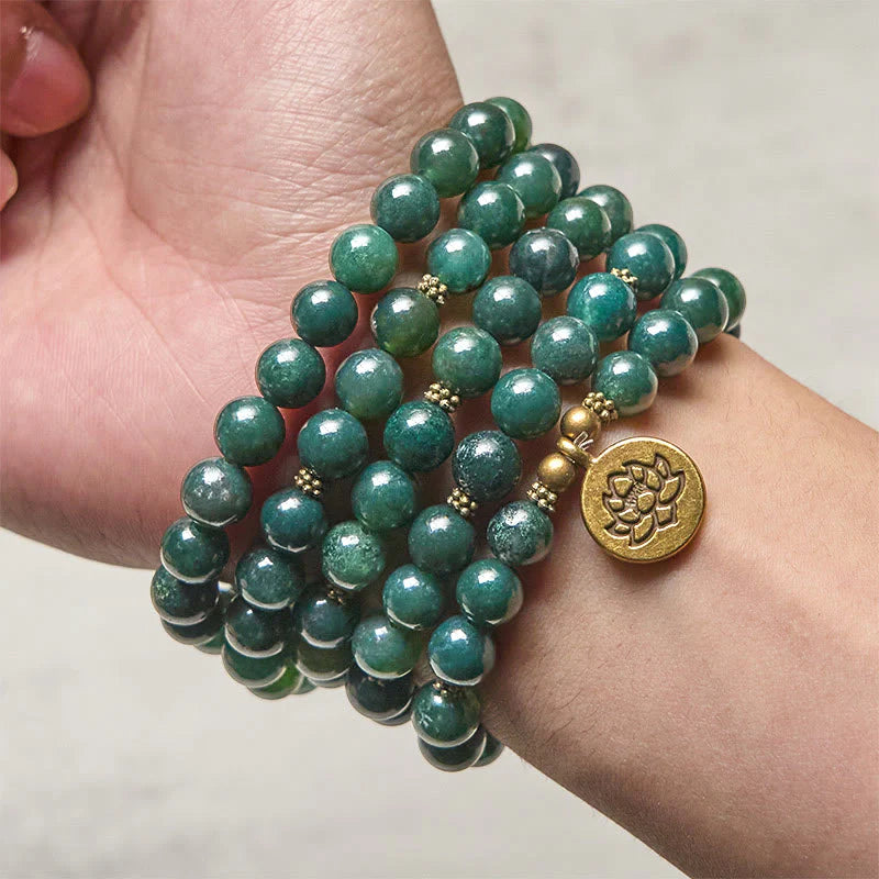 Buddha Stones Lotus Symbol Charm Round Bead Moss Agate Healing Mala