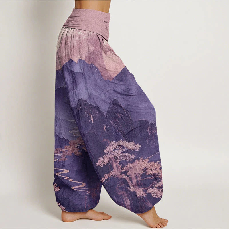 Buddha Stones Cotton Casual Mountains Trees Branches Pattern Women's Elastic Waist Harem Pants