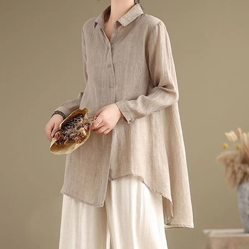 Buddha Stones Irregular Design Buttons Long Sleeve Women's Cotton Shirt