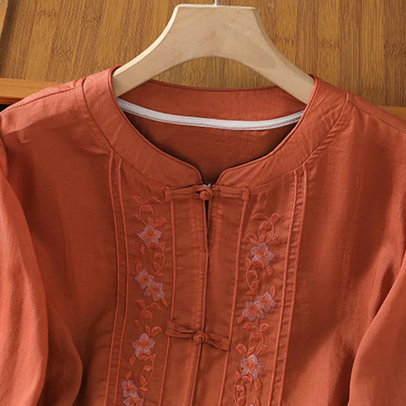 Buddha Stones Frog-button Stand Collar Embroidered Flower Elastic Cuff Three Quarter Sleeve Women's Shirt