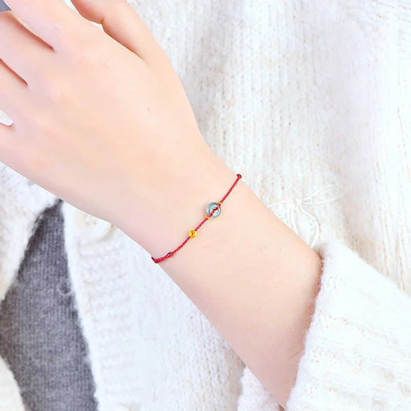 Buddha Stones Peace Buckle Copper Coins Jade Red String Connection Bracelet Anklet