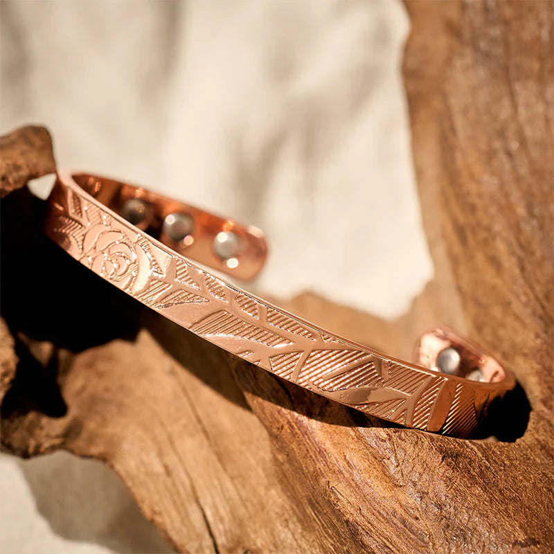 Buddha Stones Rose Flower Pattern Copper Balance Luck Open Cuff Bracelet Bangle