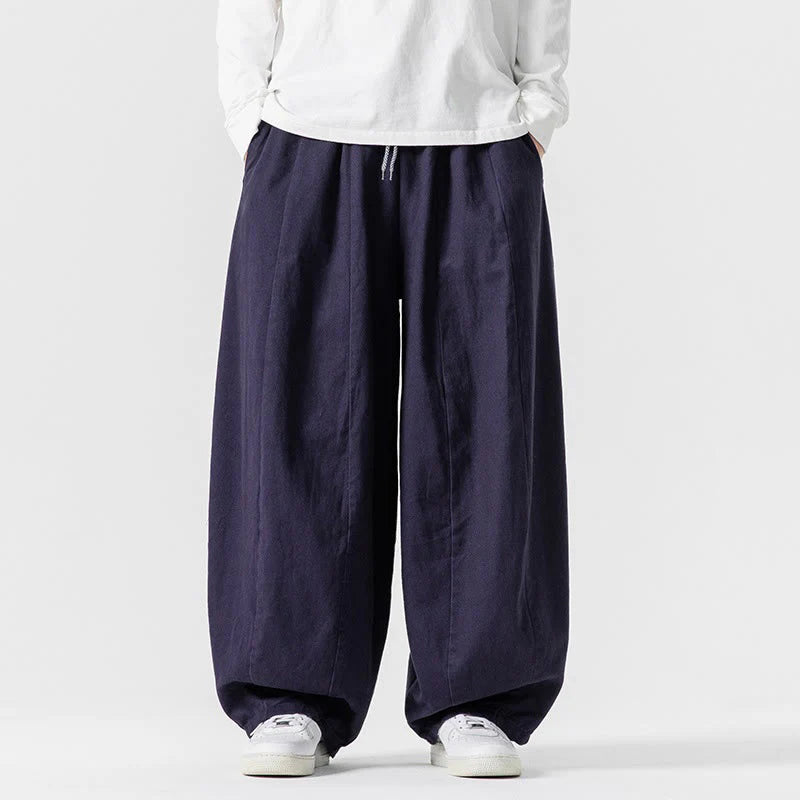 Buddha Stones Winter Commute Plain Drawstring Design Men's Wide Leg Cotton Pants With Pockets