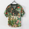 Buddha Stones Cotton Tropical Floral Print Men's Short Sleeve Half Button Shirt