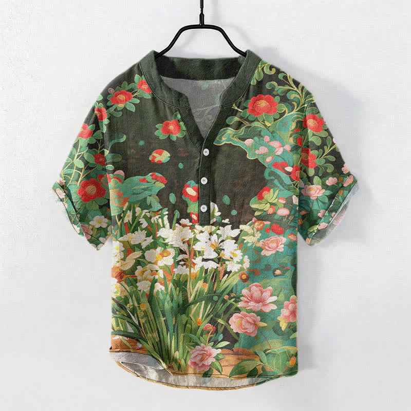 Buddha Stones Cotton Tropical Floral Print Men's Short Sleeve Half Button Shirt