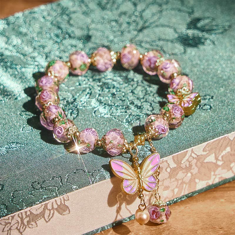 FREE Today: Love and Freedom Double Butterflies Charm Flower Liuli Glass Beaded Bracelet