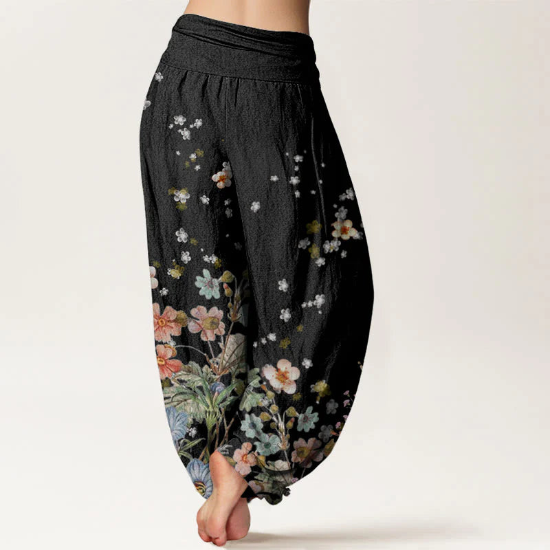 Buddha Stones Cotton Various Flowers Pattern Women's Elastic Waist Harem Pants