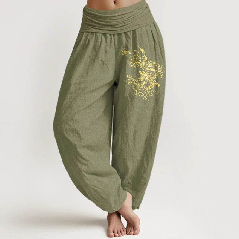 Buddha Stones Golden Dragon Print Pattern Women's Elastic Waist Harem Cotton Pants