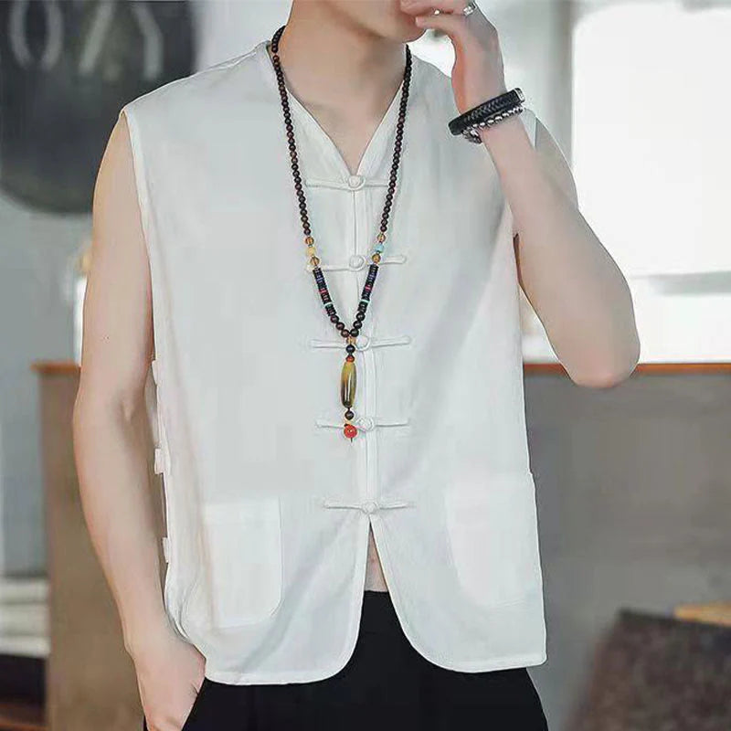 Buddha Stones Casual Chinese Frog-Button Men's Cotton Vest Waistcoat With Pockets