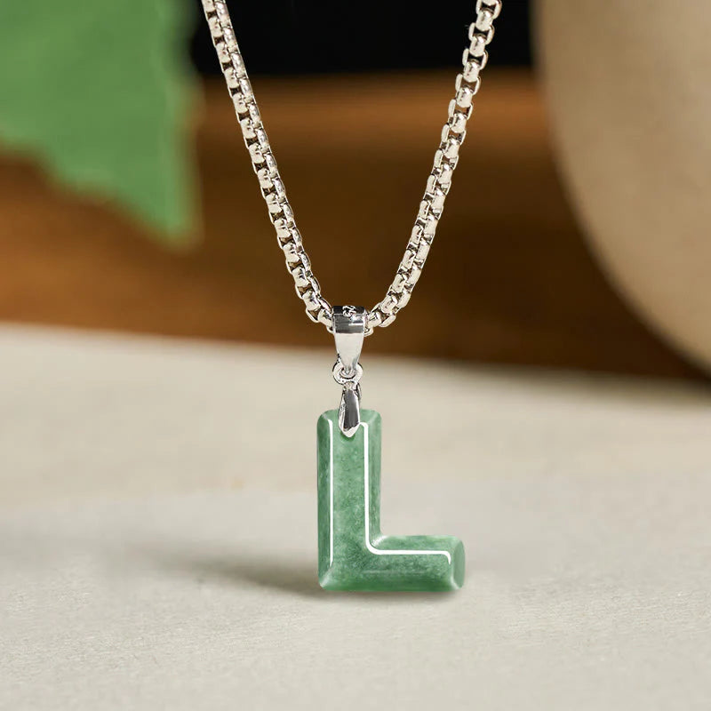 Buddha Stones Natural A-Z Letter Jade Titanium Steel Wide Chain Prosperity Necklace Pendant