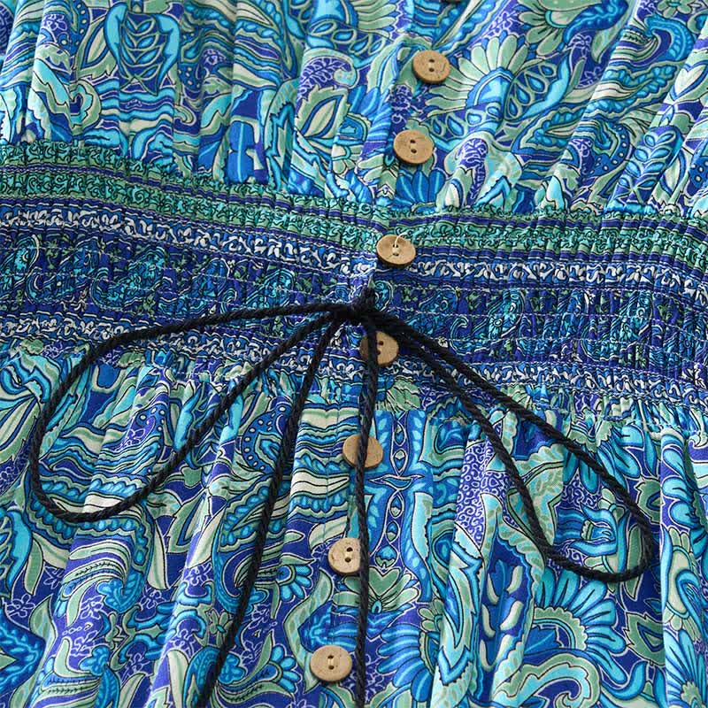 Buddha Stones Summer Peacock Paisley Tie Waist Viscose Lantern Sleeves Maxi Dress