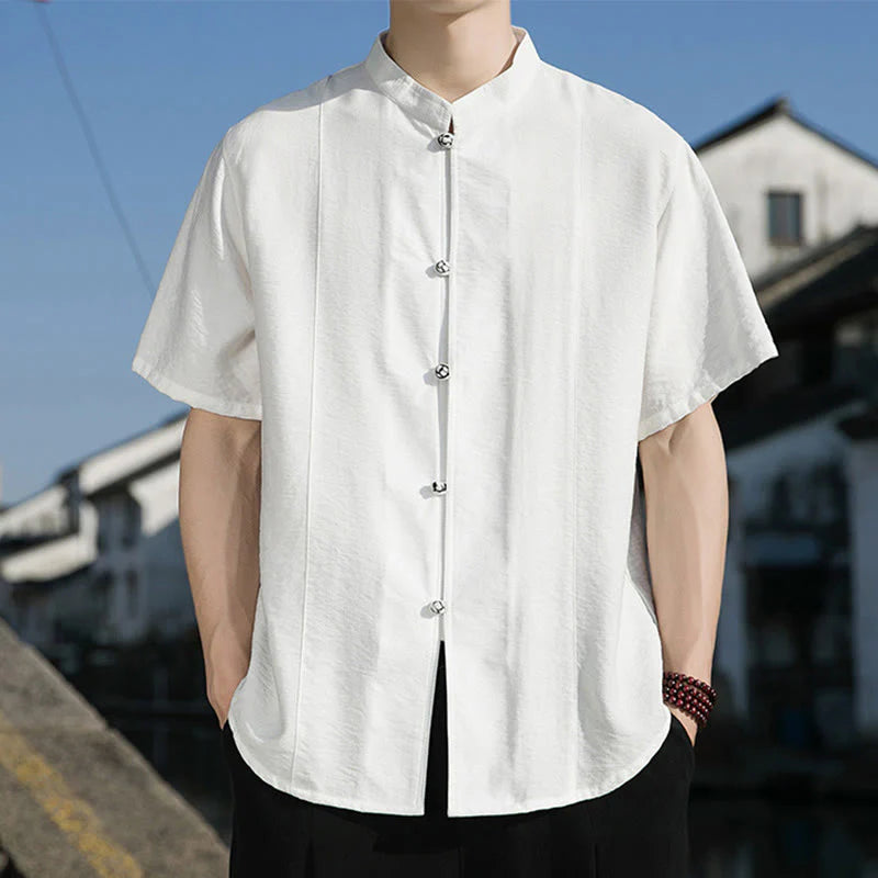 Buddha Stones Summer Solid Color Front Button Design Men's Half Sleeve Cotton Shirt