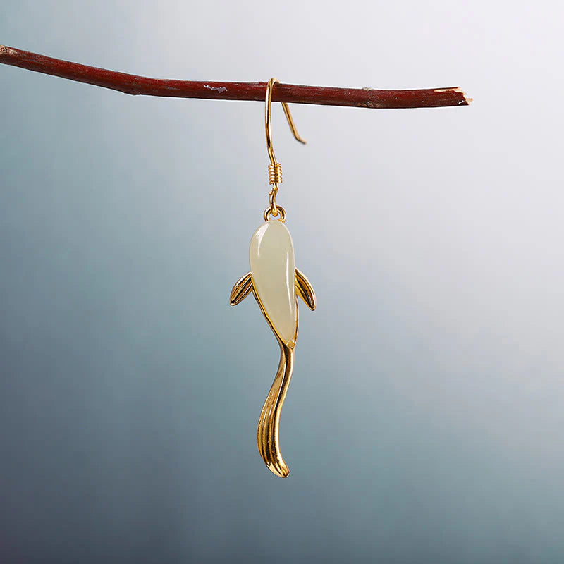 Fish Pattern Jade Luck Dangle Drop Earrings