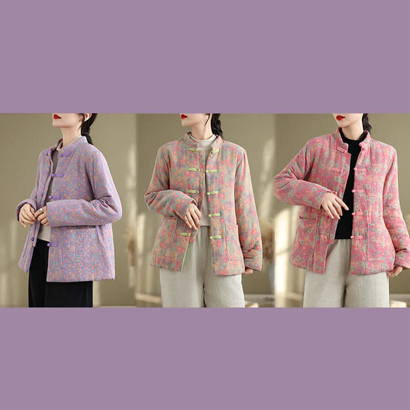 Buddha Stones Women's Winter Thicken Cotton Floral Pattern Long Sleeve Jacket With Pockets