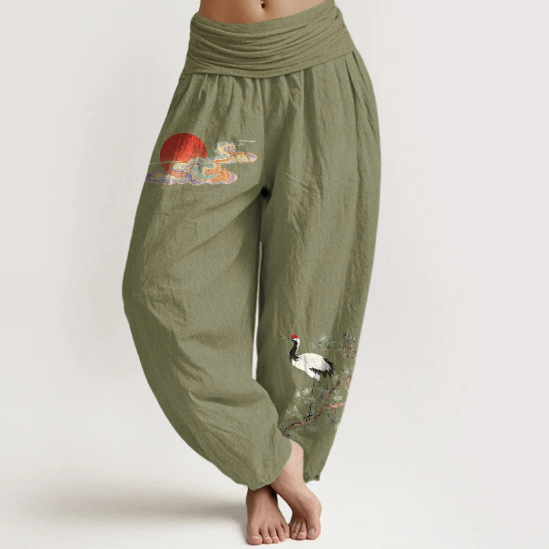 Buddha Stones Pure Cotton Concise Sun Cloud Crane Pine Tree Pattern Women's Elastic Waist Harem Pants
