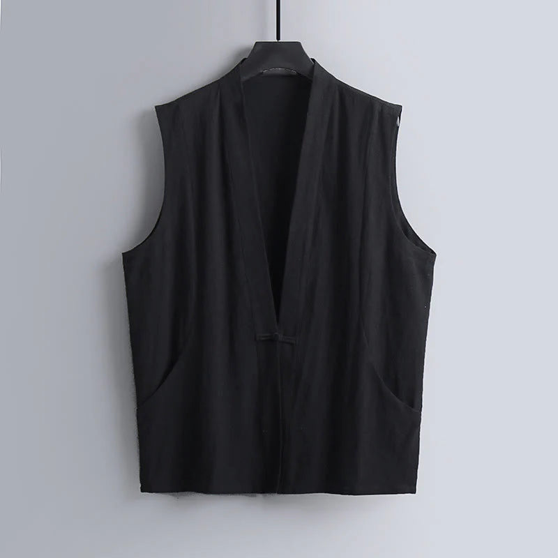 Buddha Stones Summer Solid Color V-Neck Frog-Button Sleeveless Men's Cotton Linen Vest
