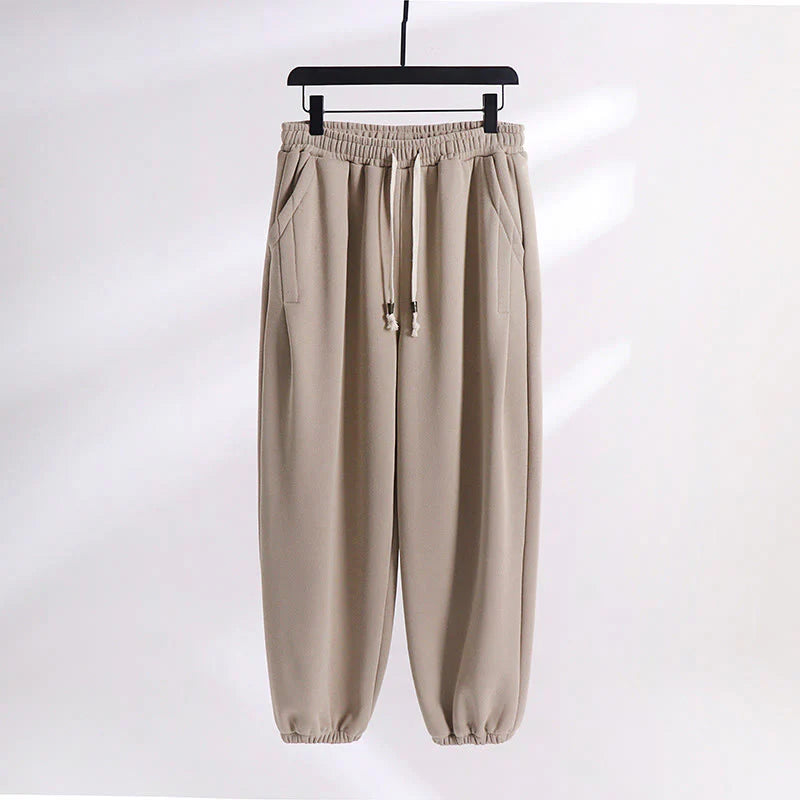 Buddha Stones Fall Winter Solid Drawstring Regular Fleece-Lined Elastic Waist Men's Cotton Harem Pants With Pockets