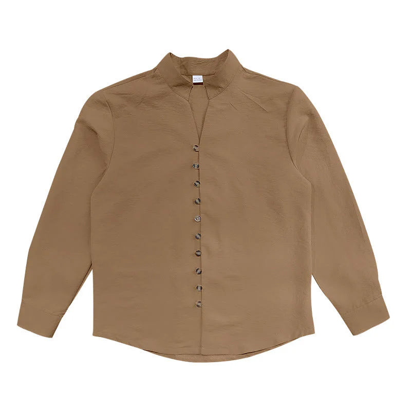 Buddha Stones Solid Color Buttons Fall Long Sleeve Men's Shirt